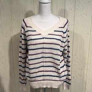 LOFT Cotton V Neck Sweater Beige with stripes Size XL